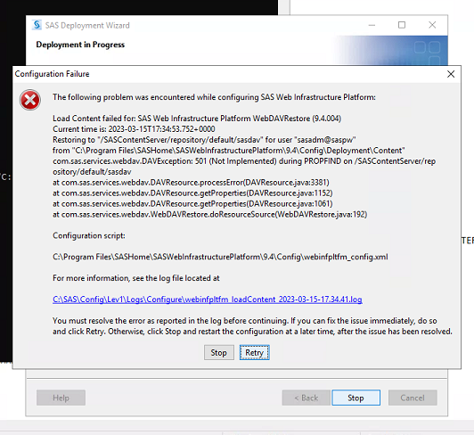SAS Web Infrastructure Platform error message